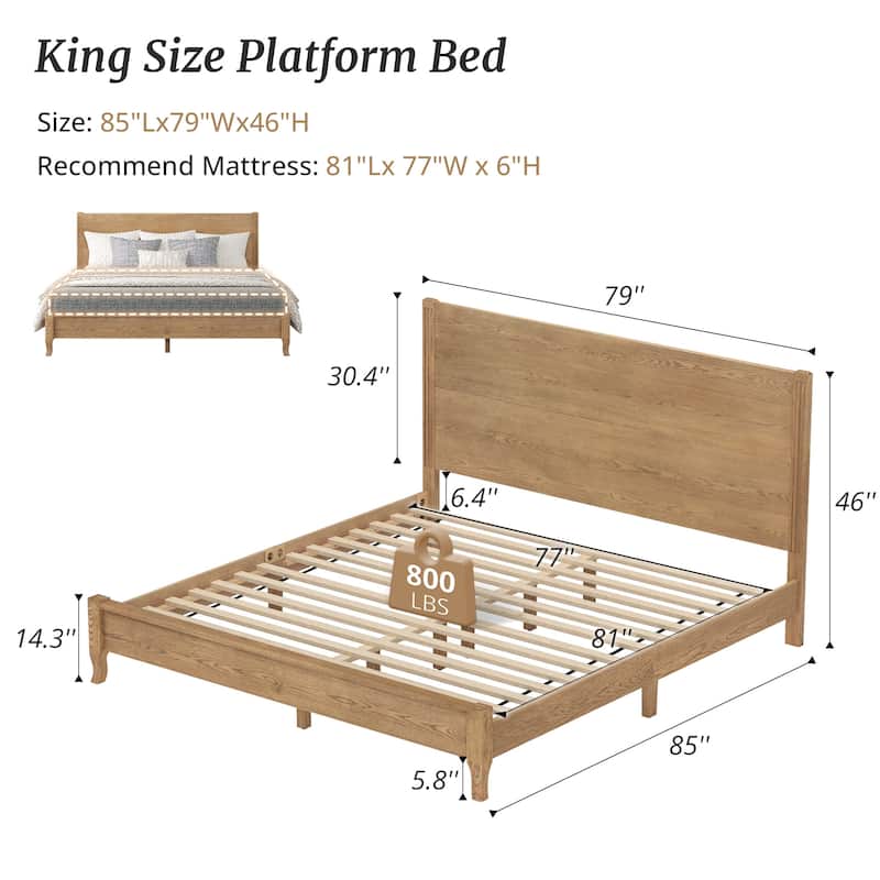 Solid Wood Panel Platform Bed with Headboard, Double Size Beds Wooden Rustic Bed Frame Bedroom Furniture