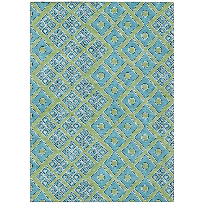 Artichoke Green And Aqua Geometric Washable Indoor Outdoor Area Rug - 3' x 5'
