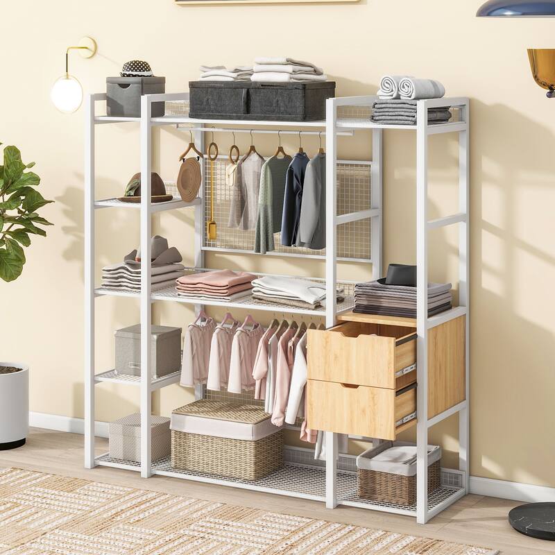 Open-Style Wardrobe with Hanging Rails, Shelves and Drawers - N/A