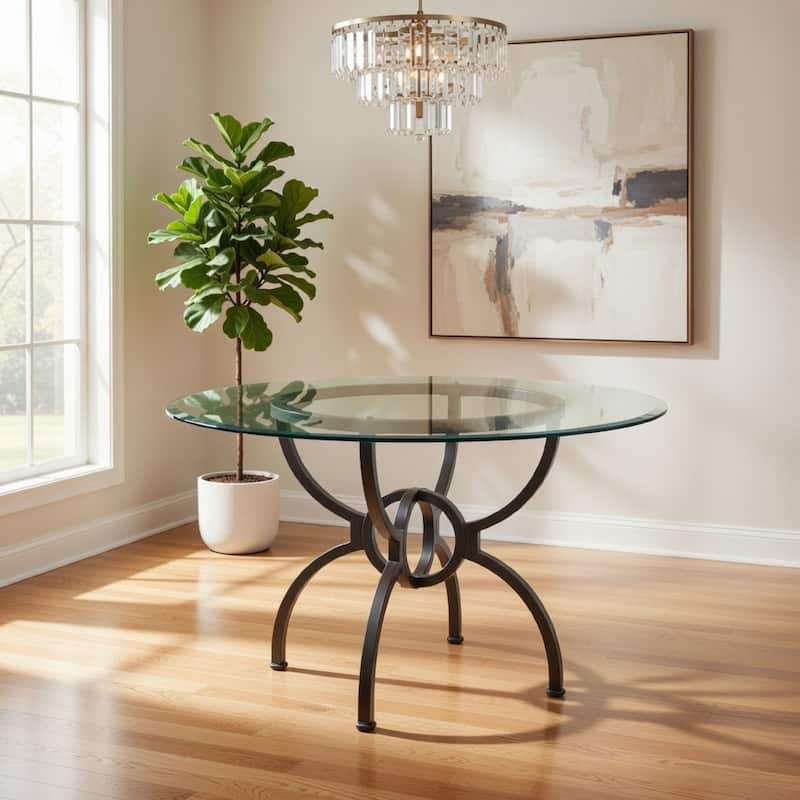 48 Inch Round Dining Table, Clear Glass Top, Interlocked Ring Motif Legs