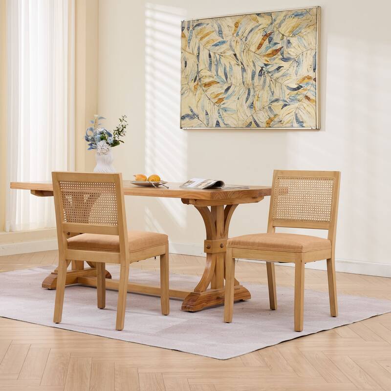 Farmhouse Rattan Dining Chairs Set of 2, Cane Upholstered Kitchen Side Chair with Natural Hardwood Frame