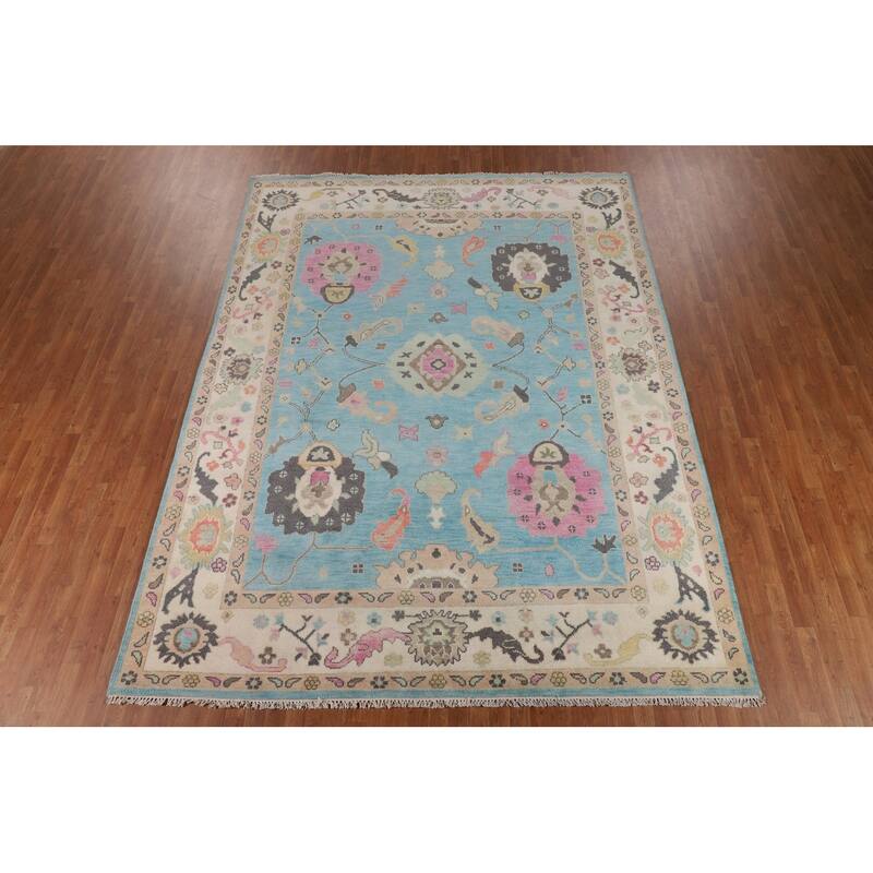 Light Blue Floral Oushak Oriental Area Rug Hand-Knotted Wool Carpet - 8'11"x 11'9"