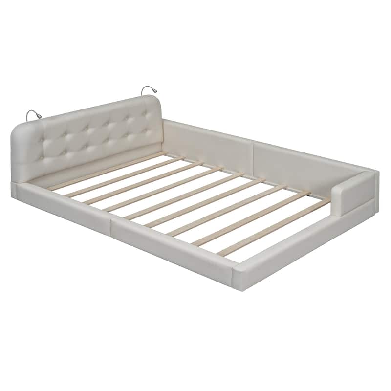L-shape Platform Bed with Recessed Lights, Gingham Upholstered Queen Size