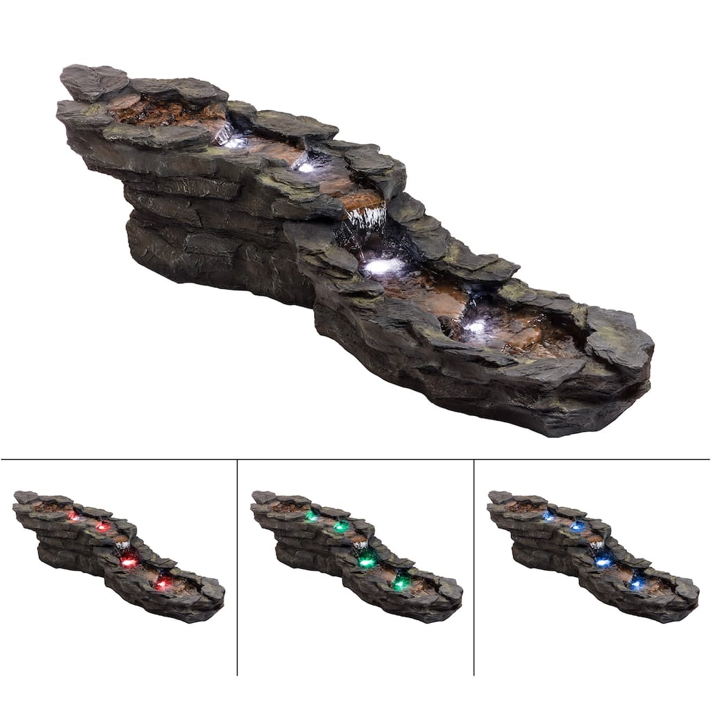 Alpine Corporation TZL240 76" Brown Outdoor Tiered Rocky River Stream Water Fountain with Color Changing LED Lights and Remote