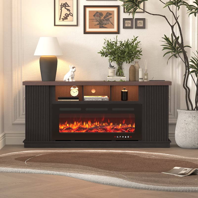 Erommy 70" TV Stand with Electric Fireplace Heater, Media Entertainment Center Console for TVs up to 80" with Storage Cabinet