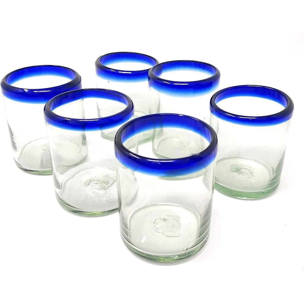 Dos Sueños Hand Blown Mexican Drinking Glasses - Set of 6 Tumbler Glasses with Cobalt Blue Rims (10 oz each)