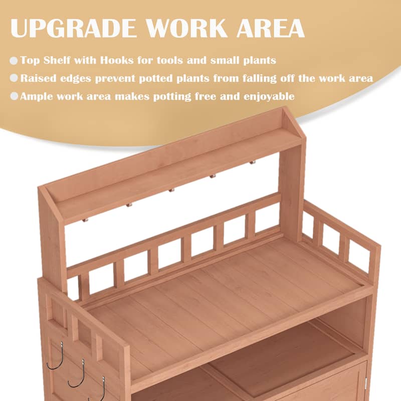 Outdoor Wooden Garden Potting Bench, Garden Tables with Storage Cabinet and Shelves, Garden Workstation with Hooks