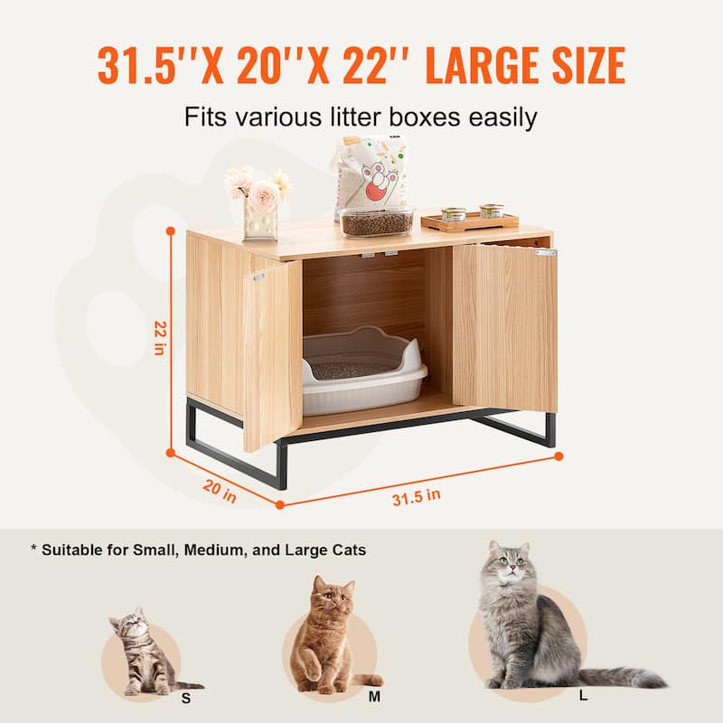 Cat Litter Box Enclosure, Hidden Litter Box Furniture, with 2 Doors & Study Metal Legs, 31.5"L x 20"W x 22"H