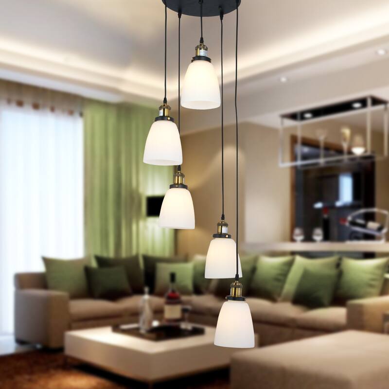 Krisha 5-light Chandelier with Transluscsent White Glass Shades includes Edison Bulbs