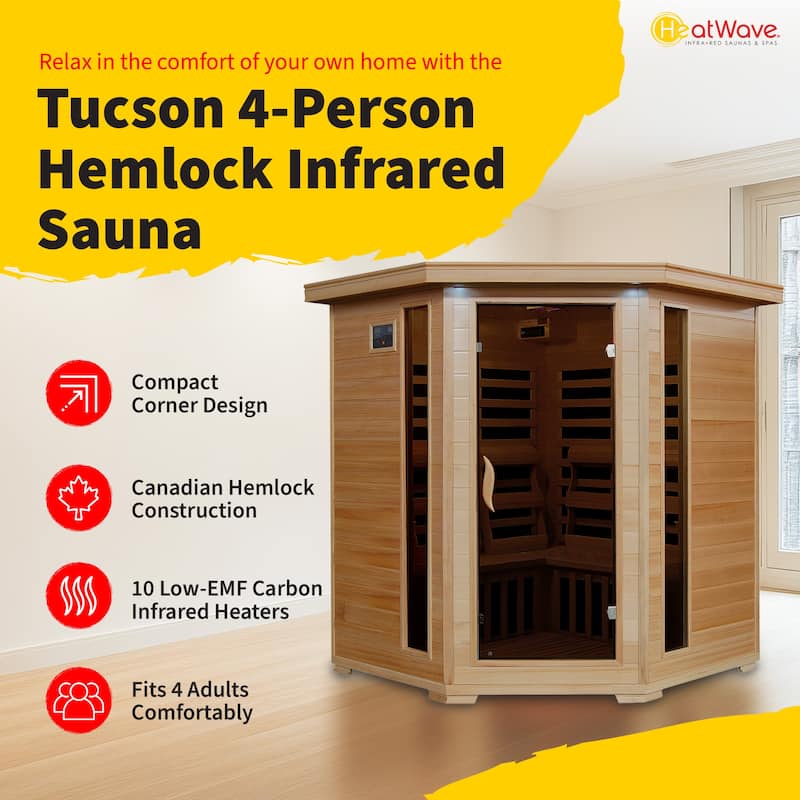 HeatWave Tucson 4-Person Hemlock Corner Infrared Sauna with 10 Carbon Heaters