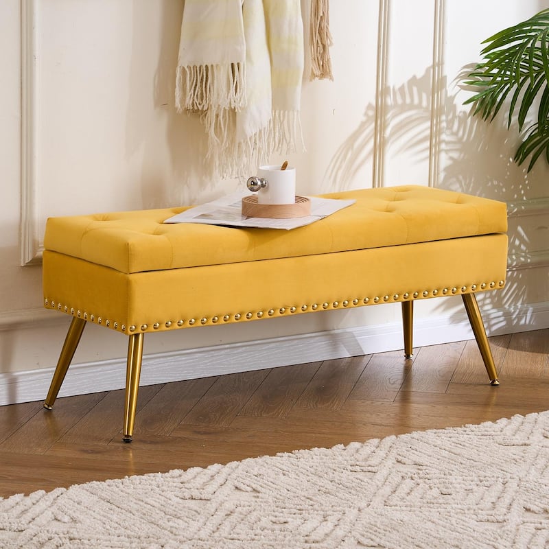 Velvet Storage Ottoman Bench with gold legs and Nailhead Trim for Bedroom/End of Bed/Entryway/Window - Mustard-40" Wide