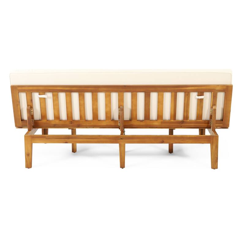 Roomfitters Adjustable Outdoor Wooden Bench with Slatted Backrest and Mid-Century Modern Design, Beige+Teak