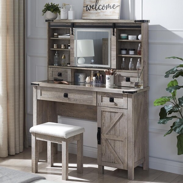 Farmhouse Makeup Vanity Desk with Sliding Mirror Lights Glass Tabletop Vanity Table with Drawers Shelves Stool Included Bed Bath Beyond 41073375
