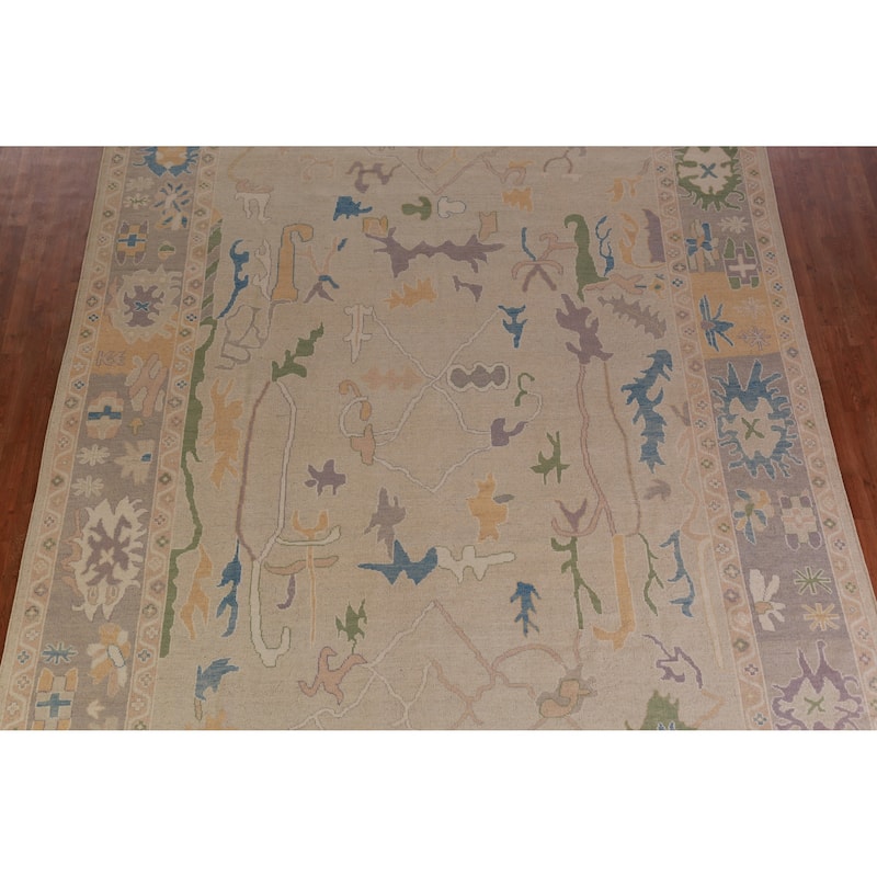 Hand Knotted Oriental 100% Wool Carpet Transitional All-Over Beige & Ivories Oushak Area Rug - 12' 3'' X 9' 4''