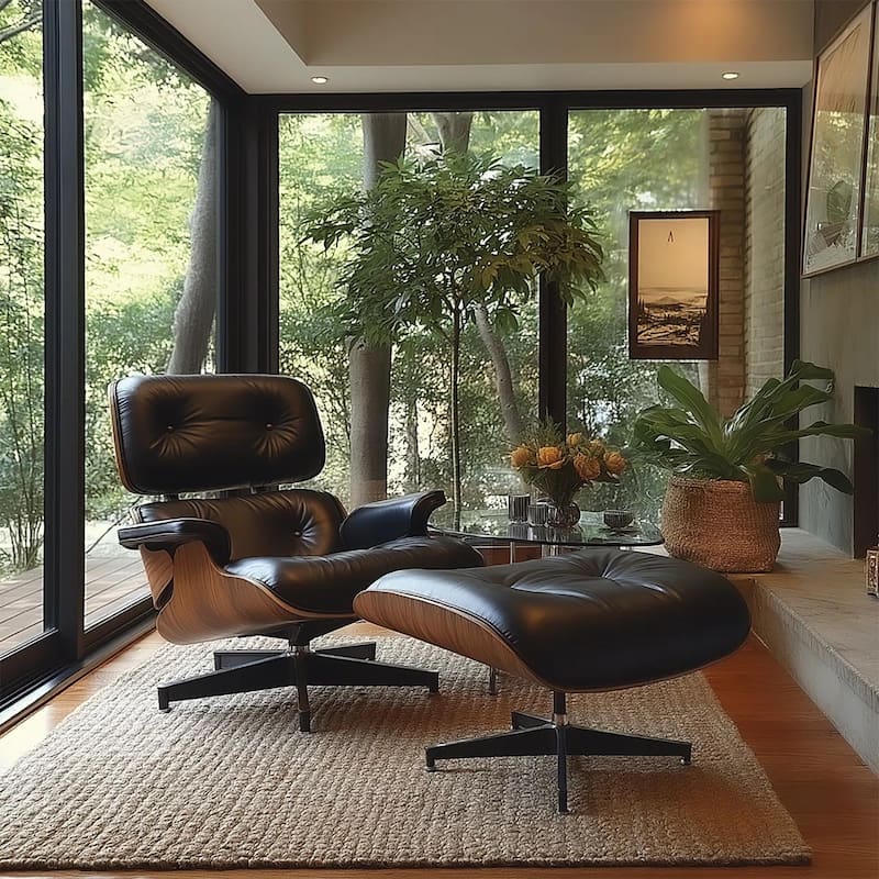 Furgle Genuine Leather Accent Lounge Chair and Ottoman Walnut Wood - Walnut