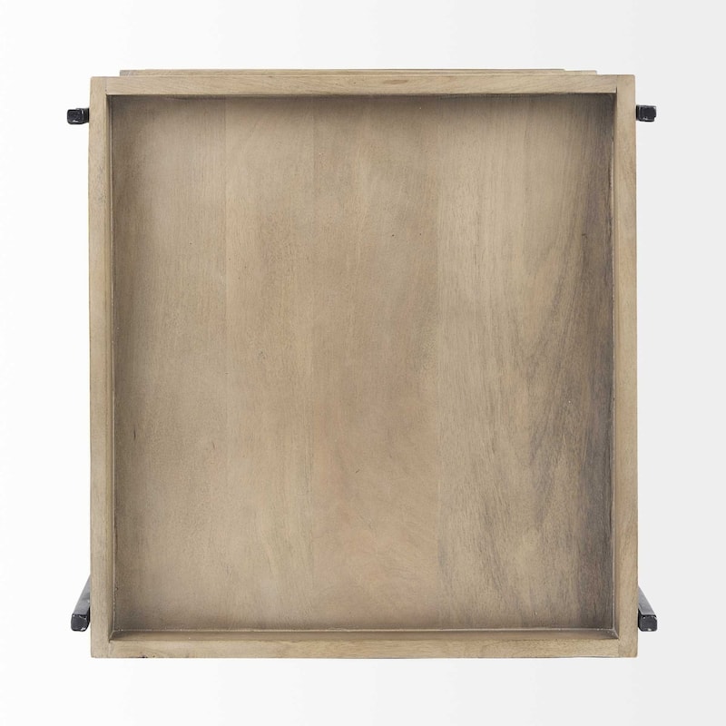 Brown Solid Wood Square End Table with Abstract Metal Base and 2 Shelves - 20” x 20” x 26” (D x W x H)