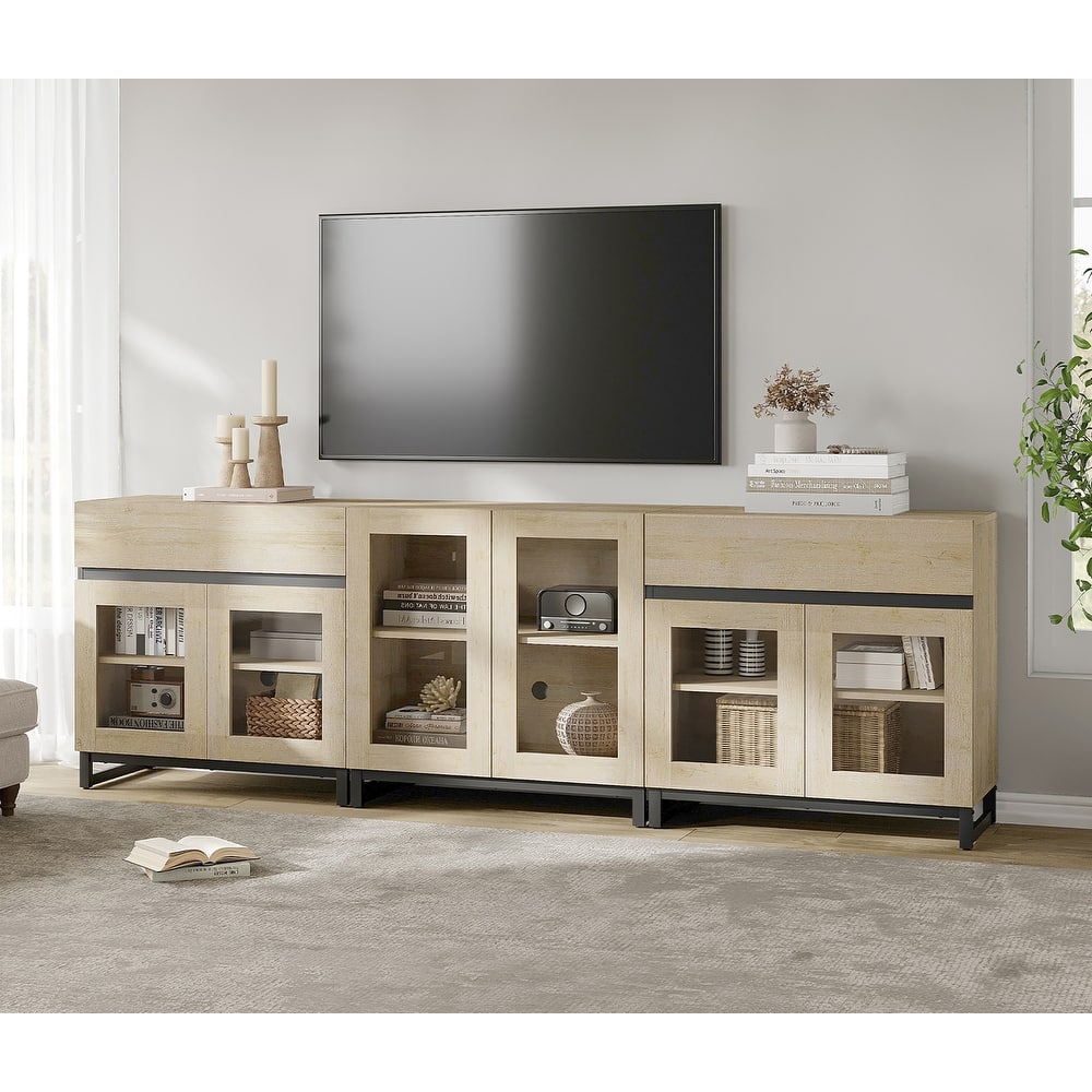 Modern TV Stand for Tvs Up to 100 Inch, 3 In 1 TV Console with Glass Doors and 2 Drawers, Entertainment Center for Living Room