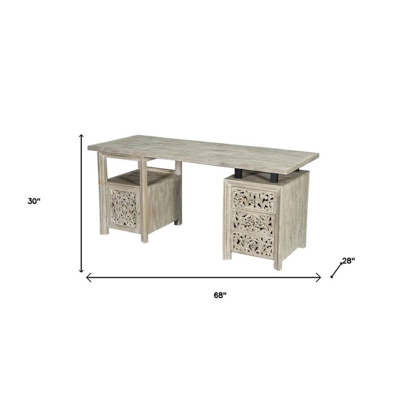 HomeRoots 68" White Solid Wood and Metal Carved Floral Desk With Three Drawers