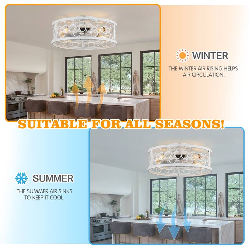 20" Flush Mount Caged Ceiling Fan with Light and Remote, Distressed White Metal 3-Speed Reversible Dc Motor