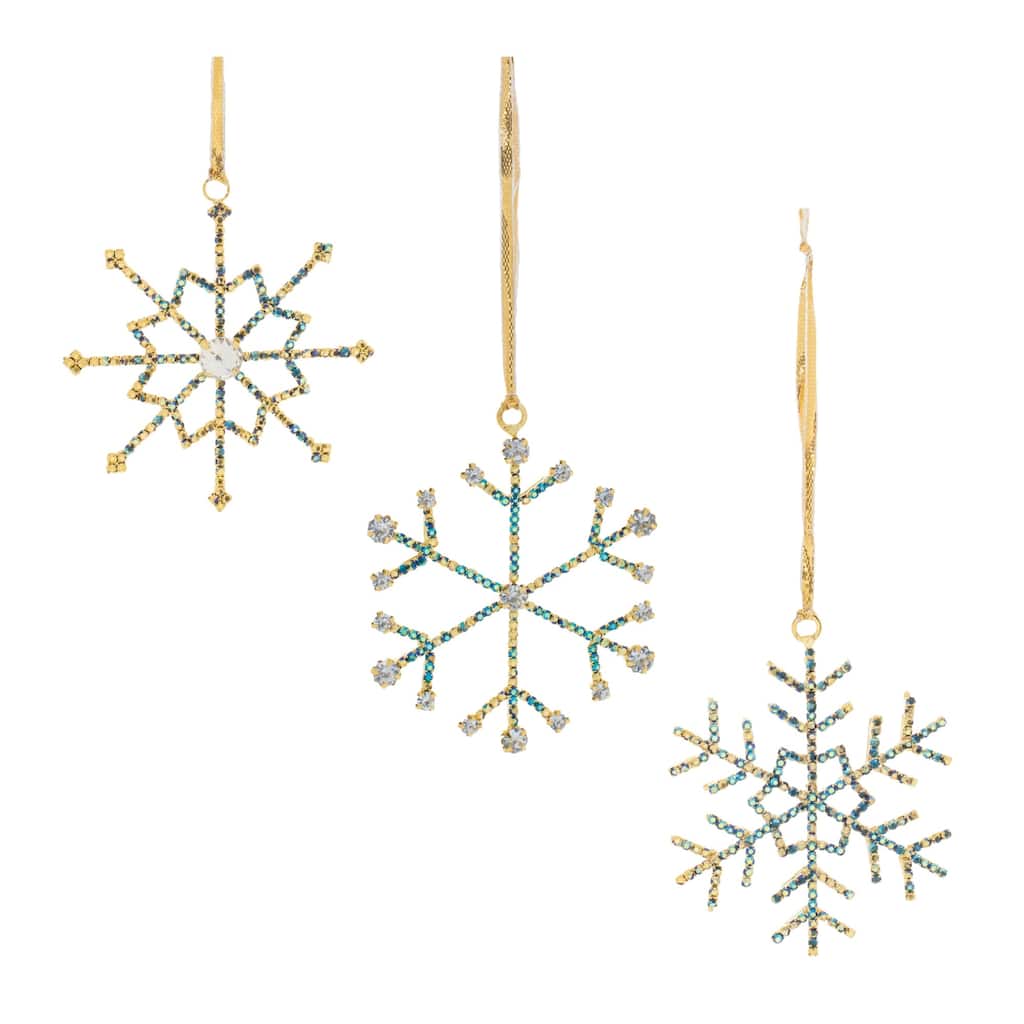 Jeweled Metal Snowflake Christmas Ornaments - 3.5" - Blue and Gold - 12ct