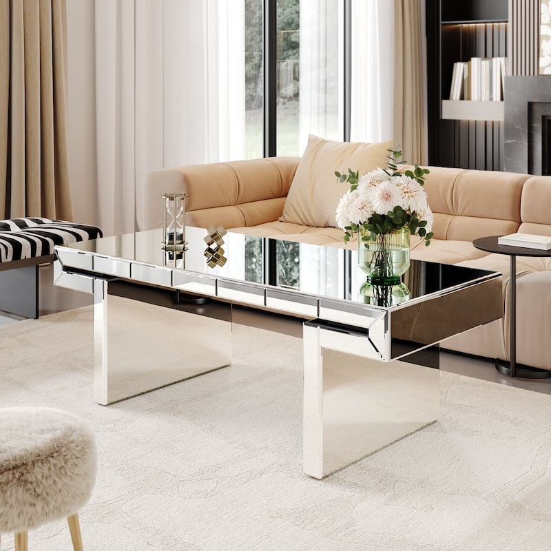 GDF Studio - Art Deco Mirrored Rectangular Coffee Table with Tempered Glass - Silver