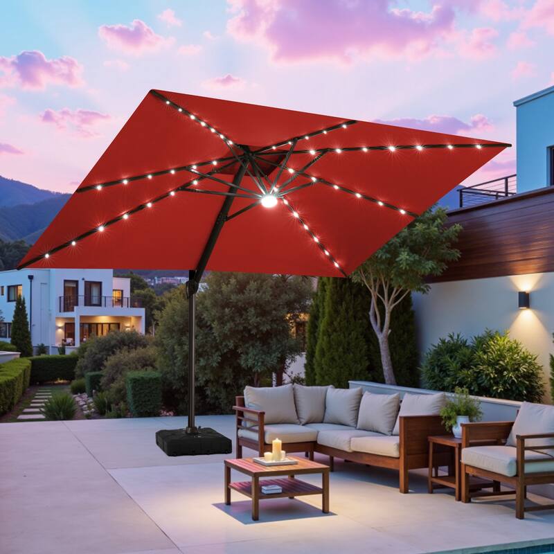 9 x11 FT Double Top LED Lighted Cantilever Patio Umbrella Rectangle with Base - Red with Base