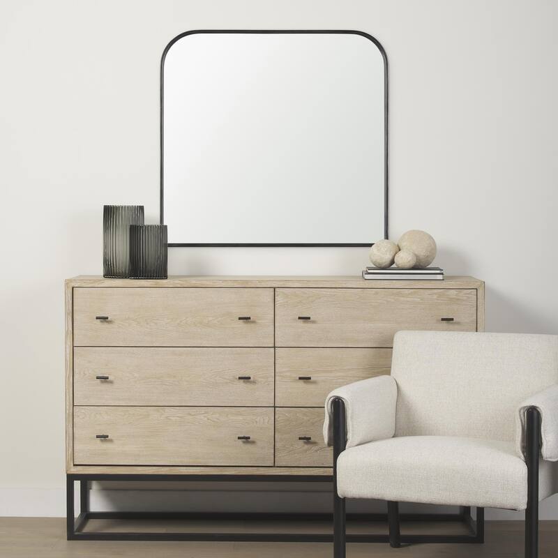 Timon is a square mirror with an arched brushed black metal frame. - 36.0L x 1.8W x 34.3H