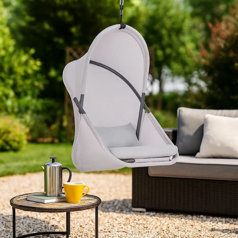 Cery Outdoor Hanging Swing Chair, Cushioned Light Gray Mesh