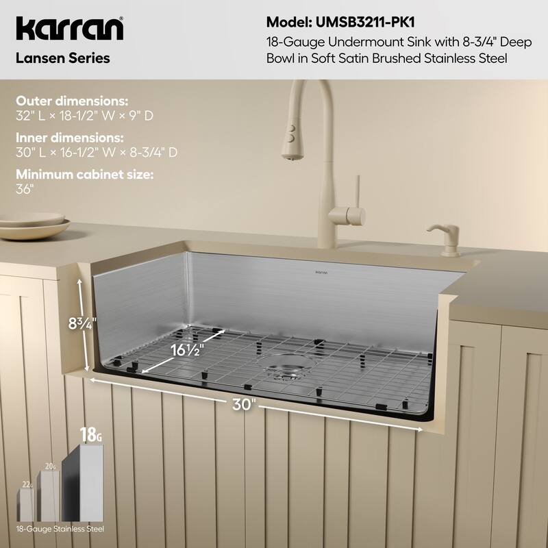 Karran Lansen 32" Undermount 18 Gauge Single Bowl Stainless Steel Sink with Accessories - Stainless Steel