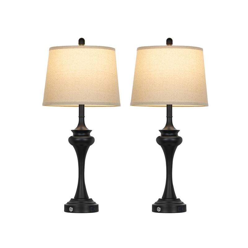 30'' Modern Table Lamps with USB & Type-C Ports, Oatmeal Fabric Shade & Metal Base (Set of 2)