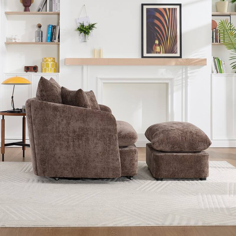 46" Chenille Upholstered Oversized Swivel Armchair With Ottoman