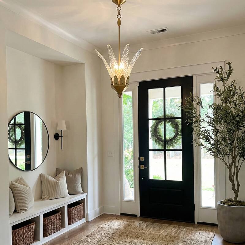 17" Vintage Brass 3-Light Leaf Etched Glass Kitchen Chandelier Pendant Light