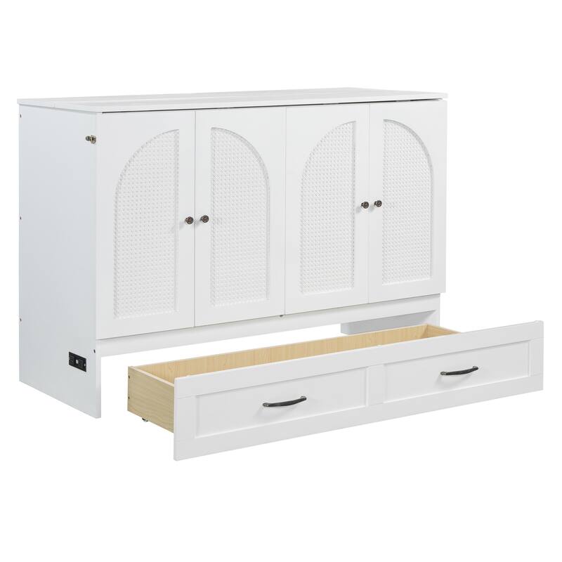 Space-Saving Full Murphy Bed with Drawers & Rattan Finish, Includes USB Port, Perfect for Multifunctional Rooms