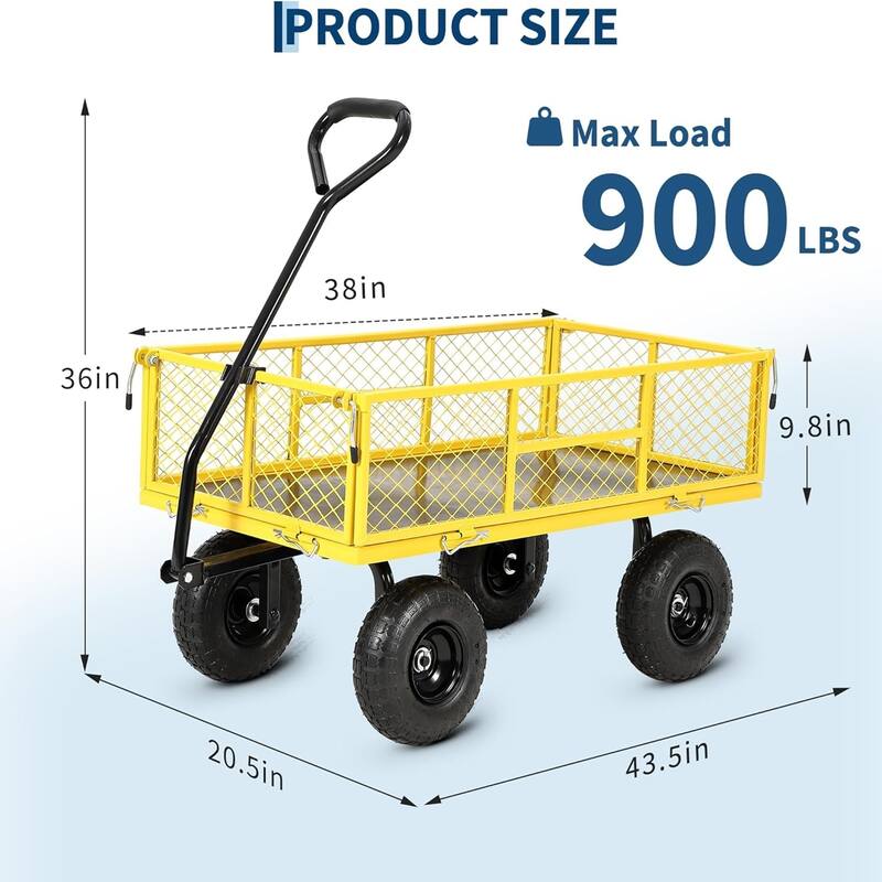 900-lb Capacity Steel Garden Cart Removable Mesh Sides Convert to Flatbed and 180Degree Rotating Handle Yellow