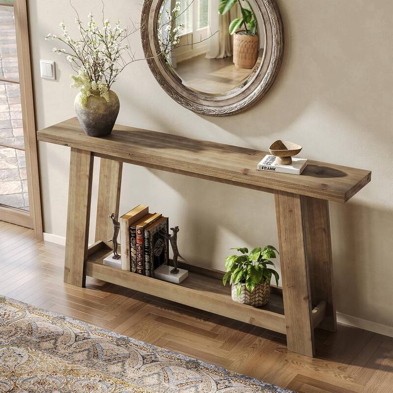 63" Solid Wood Console Table, Farmhouse Entryway Table with 2-Tier Shelf - 62.99" W x 11.81" D x 31.49" H - Natural Wood