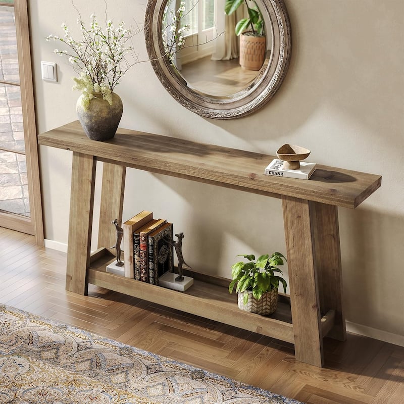 63-Inch Narrow Solid Wood Console/Entryway/Sofa Table Behind Couch with 2-Tier Shelf