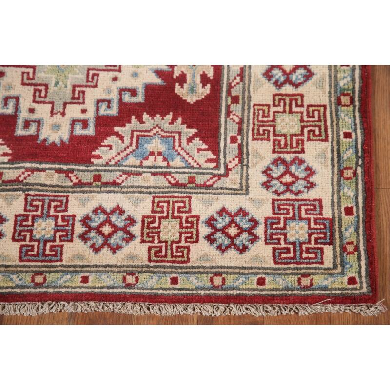Hand Knotted Oriental 100% Wool Carpet Traditional Geometric Red Kazak Runner Rug - 6' 8'' X 2' 10''
