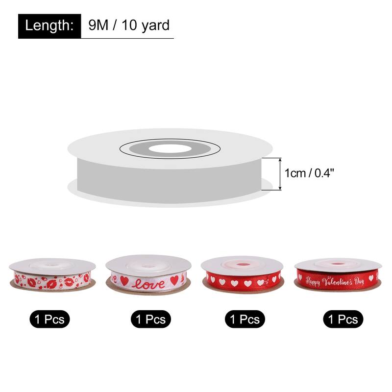 4 Roll Valentine Ribbons 10 Yards 0.4" Grosgrain Ribbon Heart LOVE Red Lips - Red, White - Red, White