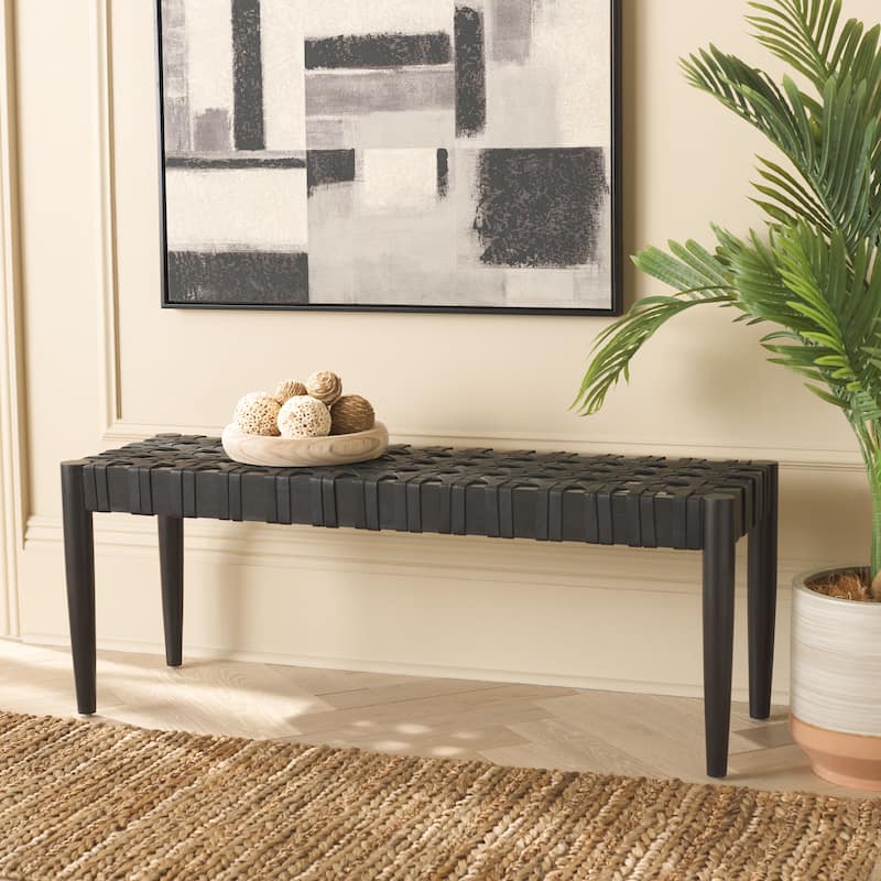 SAFAVIEH Margaretta Solid Wood & Woven Leather Bench - 47 In. W x 16 In. D x 16 In. H - 47Wx16Dx16H