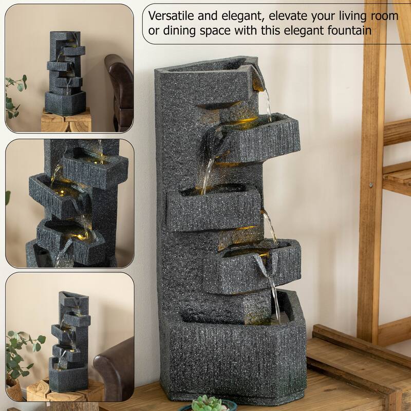 Cascading Electric Powered Rock Water Fountain with LED Lights 18.5" for Indoor and Outdoor Use