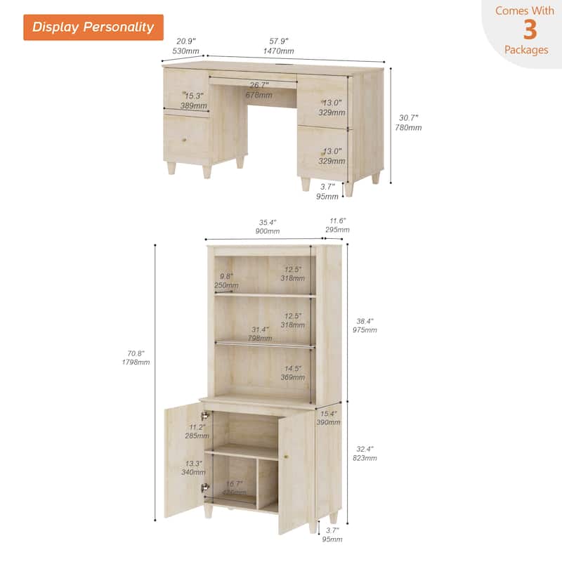 WAMPAT Home Office Furniture Set, 58" Executive Desk with Drawers, 71" Tall Bookcase with Doors and Adjustable Shelves