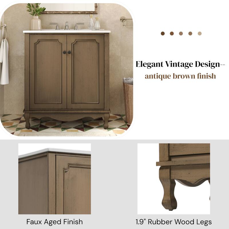 30" Vintage Bathroom Vanity with Ceramic Sink, Bathroom Vanity Cabinet with Antique Pulls, Bathroom Storage Cabinet