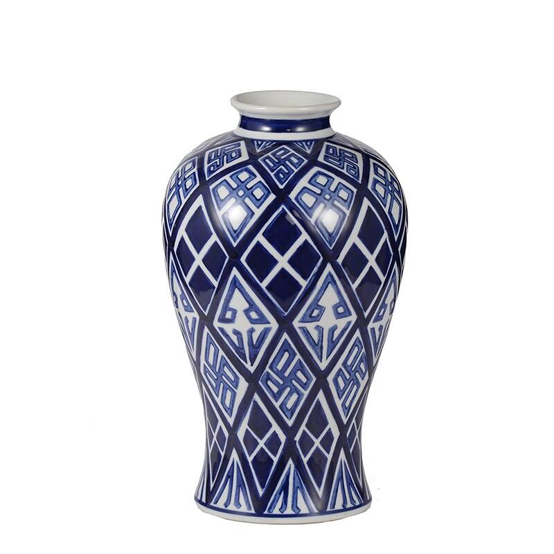 D7.8x12.8 Blue and White Porcelain Vase with Geometric Diamond Pattern Tribal Design