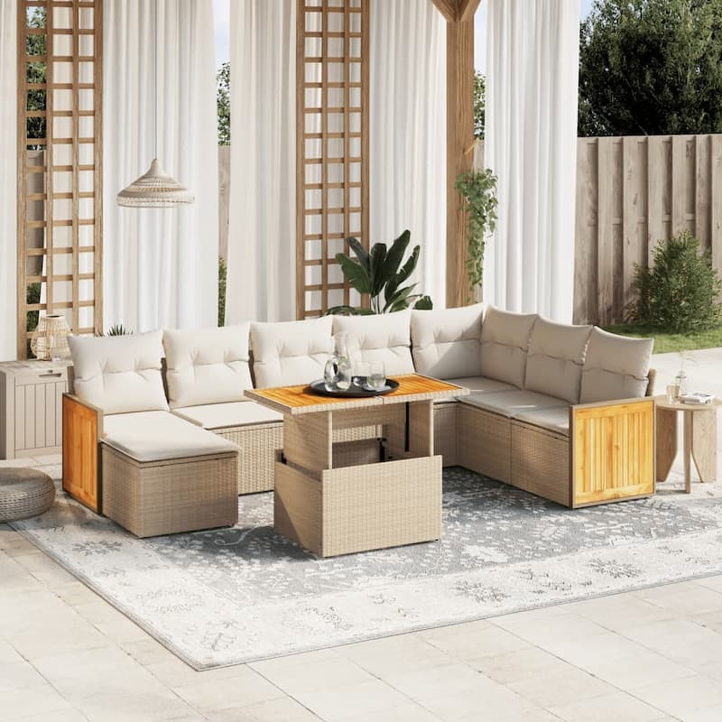 vidaXL Patio Sofa Set with Cushions Sofa Sections and Table 9 Piece Poly Rattan - Beige and cream - 21.7 x 39.4 x 28.7 in