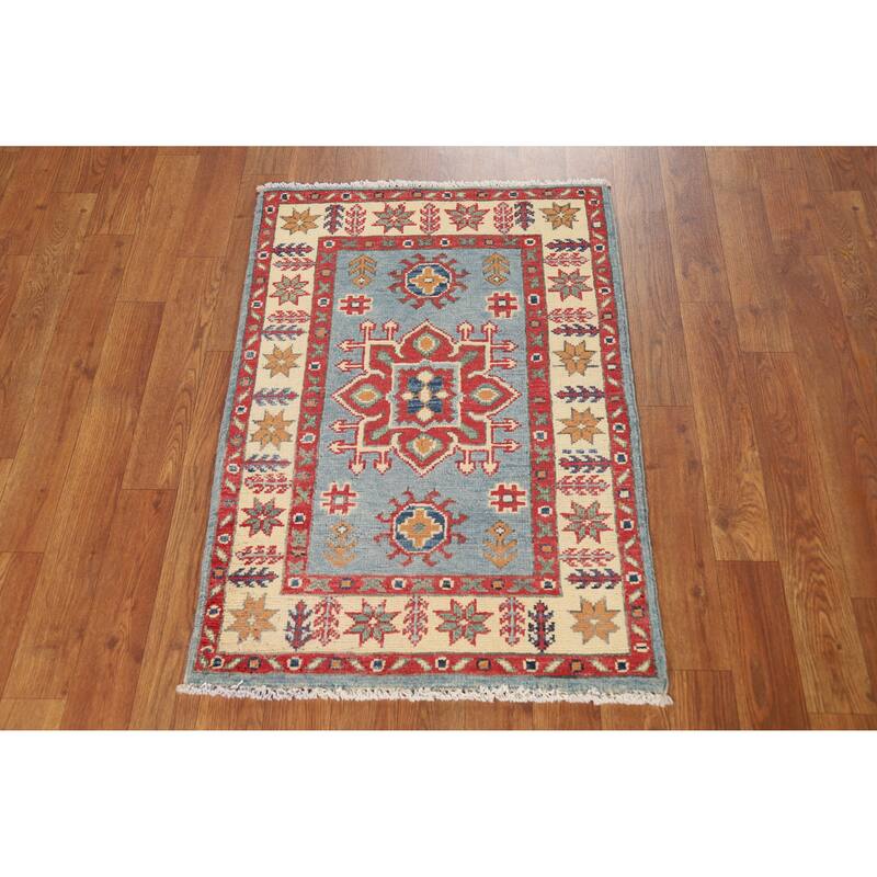 Light Blue Kazak Oriental Rug Hand-Knotted Wool Carpet - 2'0"x 3'0"