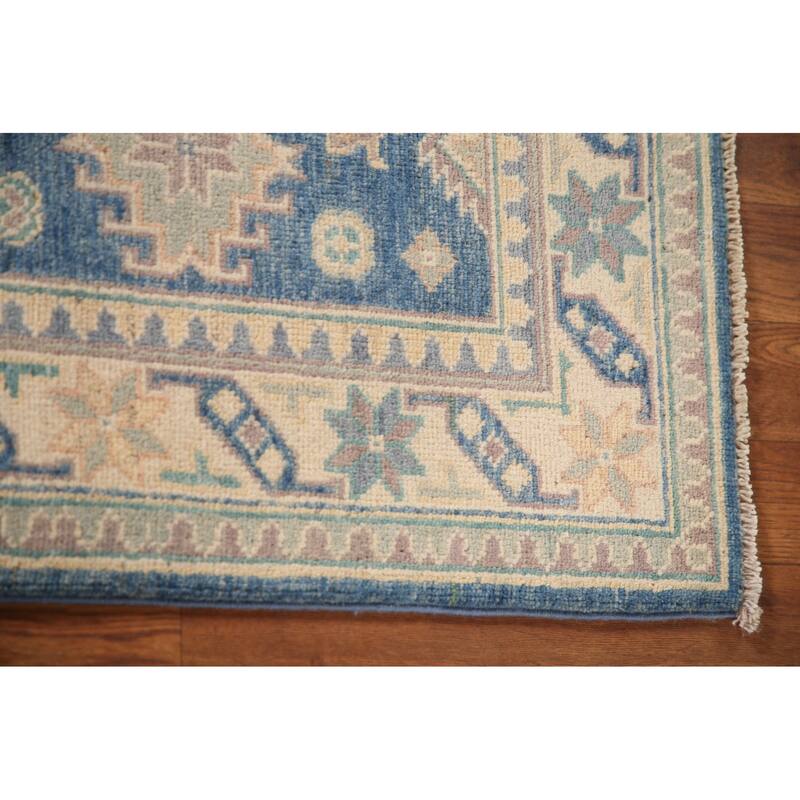 Blue Geometric Kazak Accent Rug Handmade Oriental Wool Carpet - 2'7"x 4'0"