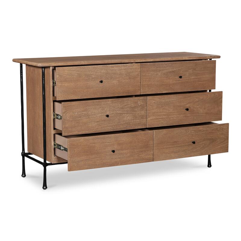 NADAAL STUDIOS Valenor Brown Acacia Wood and Hammered Iron 6-Drawer Dresser