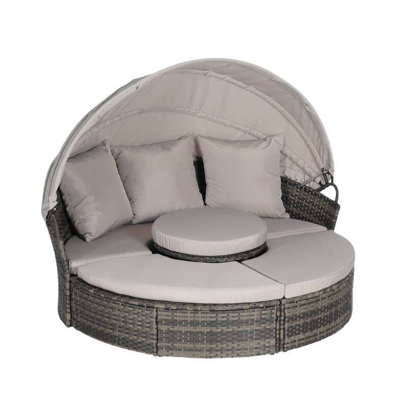 Outdoor Round Daybed with Retractable Canopy, Cushions, Table,Set of 5 - Light Gray