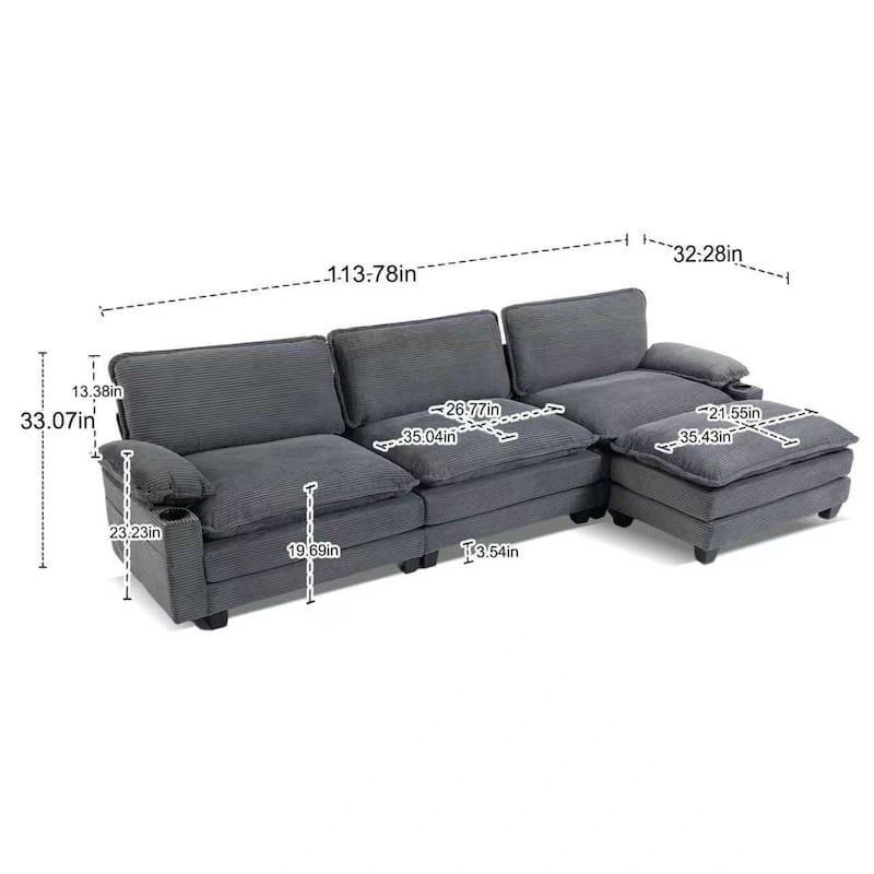 113" L Shaped Sectional Sofa, Deep Seat Cloud Couch with Ottoman, Oversized Corduroy Couch with Cup Holders, Storage Bags