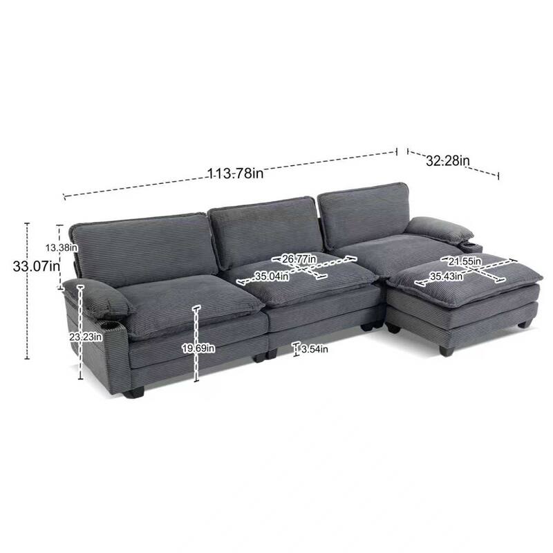 L-Shaped Modular Sectional Sofa with Ottoman, Oversized Corduroy Upholstered Cloud Couch with Cup Holders & Side Pockets
